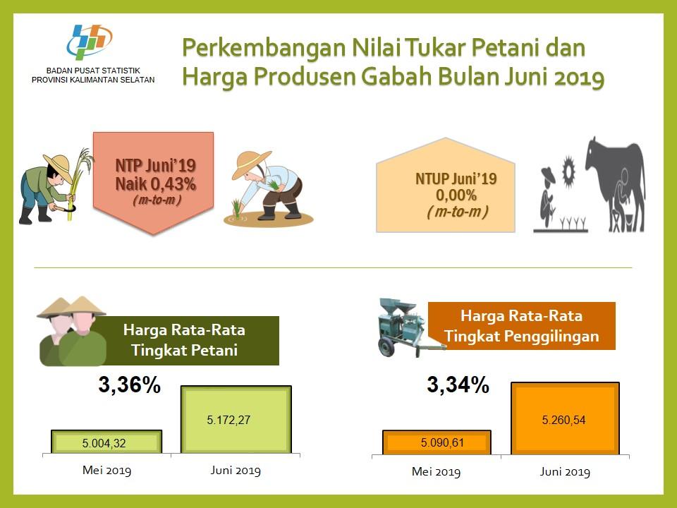 Nilai Tukar Petani (NTP) Juni 2019 sebesar 95,47 atau turun 0,43 persen.